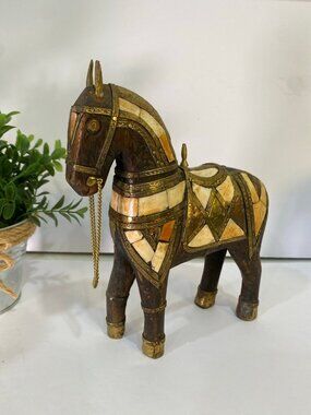 Vintage Hand Carved Wooden Armored Horse Hammered Copper Brass Inlay Folk Art
